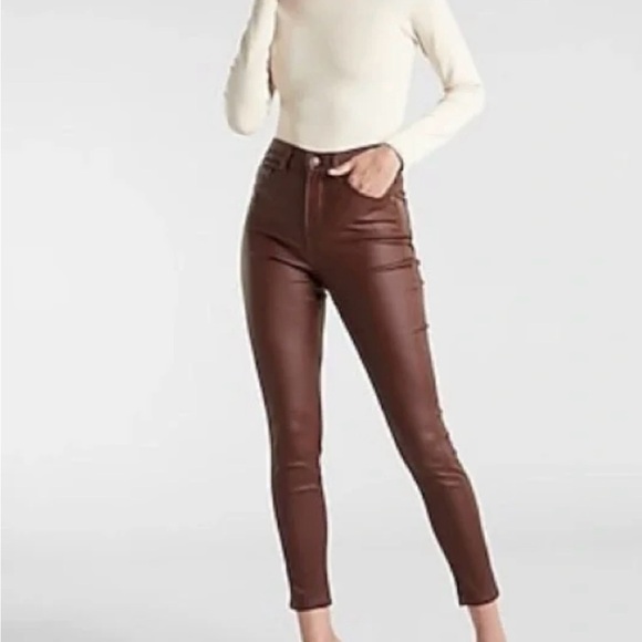 Express Chocolate Brown Faux Leather Skinny High Rise Pants Size 4S - Picture 1 of 10